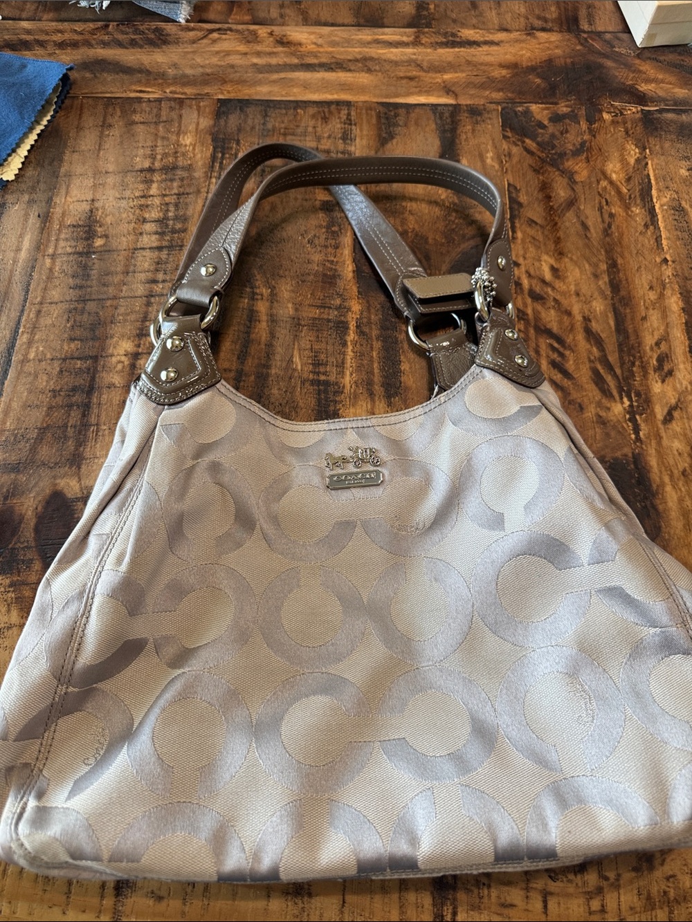 Coach Taupe and Silver Signature Canvas Shoulder Bag